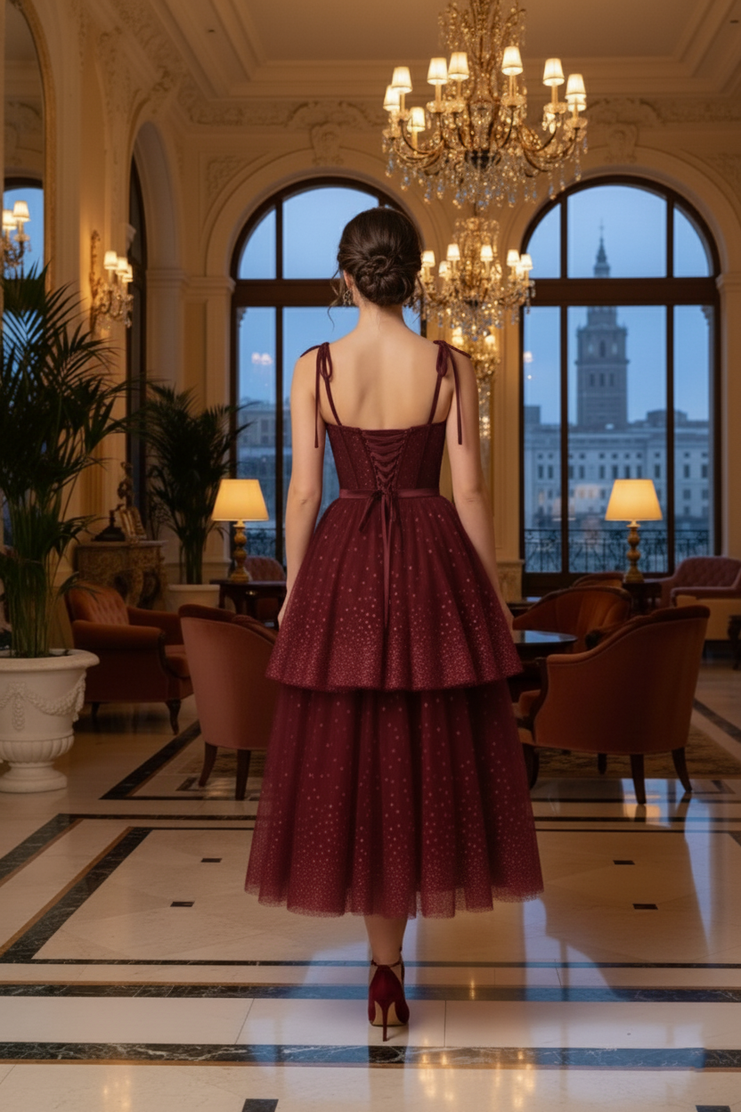 Bow-Strap Corset Tiered Glitter Tulle Prom Dress | Sevoba