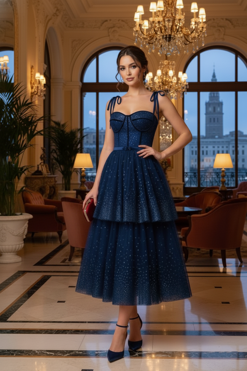 Bow-Strap Corset Tiered Glitter Tulle Prom Dress | Sevoba