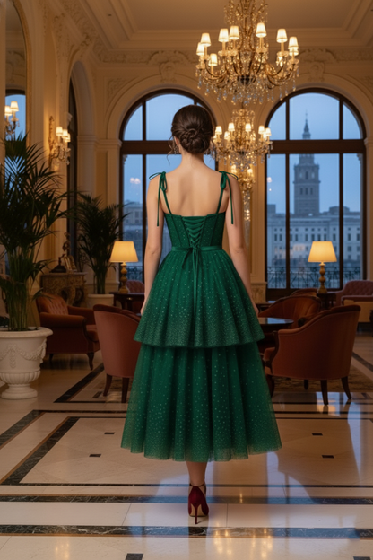 Bow-Strap Corset Tiered Glitter Tulle Prom Dress | Sevoba