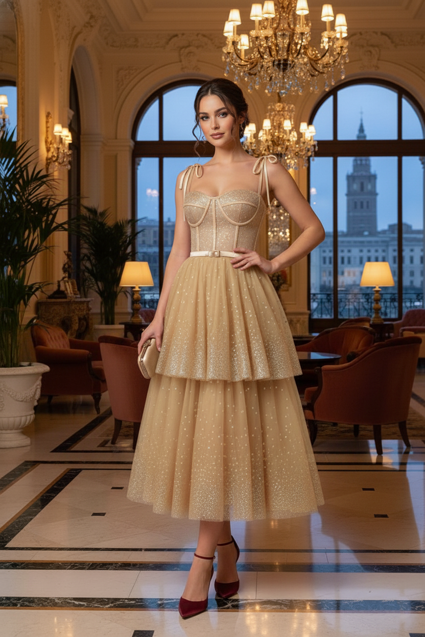 Bow-Strap Corset Tiered Glitter Tulle Prom Dress | Sevoba