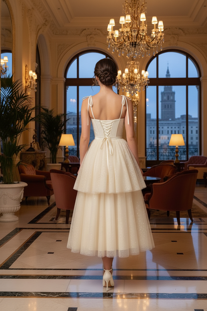Bow-Strap Corset Tiered Glitter Tulle Prom Dress | Sevoba