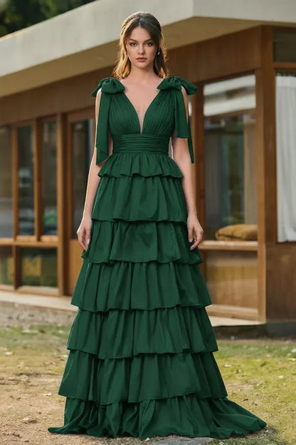 Bow Strap Tiered Ruffle A-Line Prom Dress | Sevoba