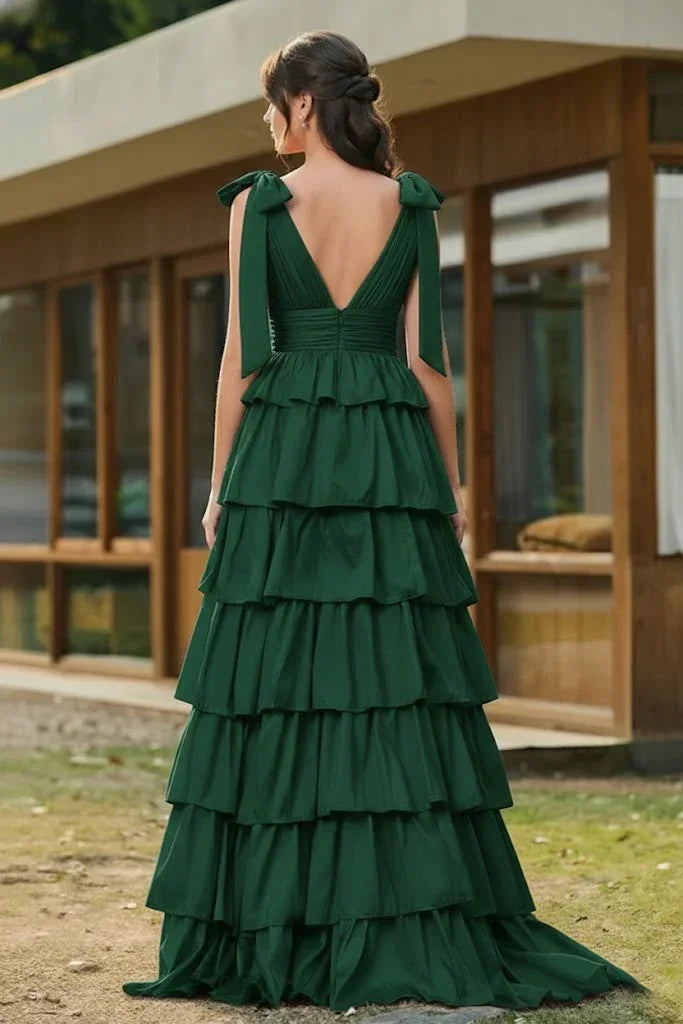 Bow Strap Tiered Ruffle A-Line Prom Dress | Sevoba
