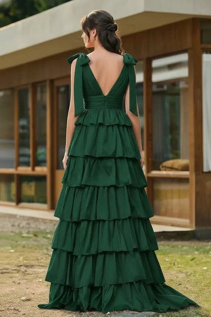 Bow Strap Tiered Ruffle A-Line Prom Dress | Sevoba