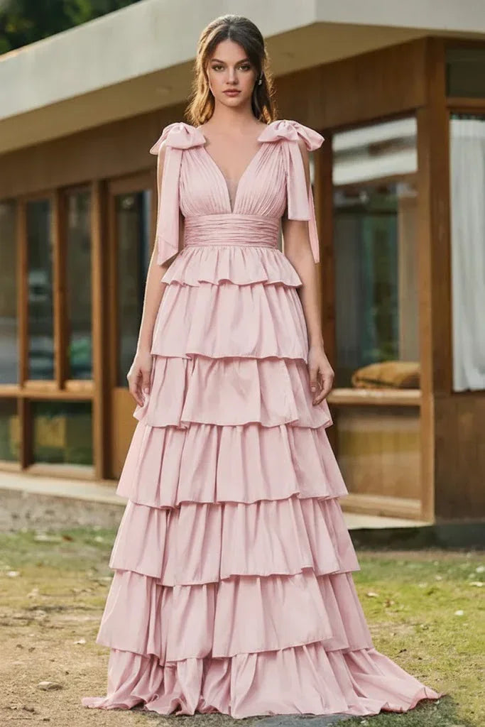 Bow Strap Tiered Ruffle A-Line Prom Dress | Sevoba