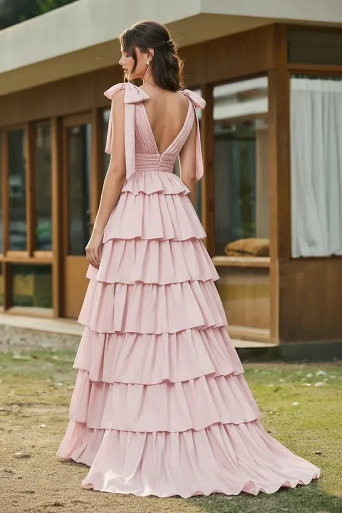 Bow Strap Tiered Ruffle A-Line Prom Dress | Sevoba