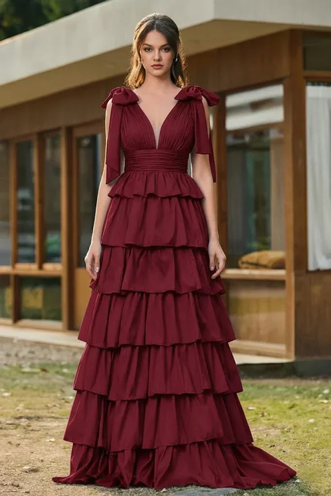 Bow Strap Tiered Ruffle A-Line Prom Dress | Sevoba