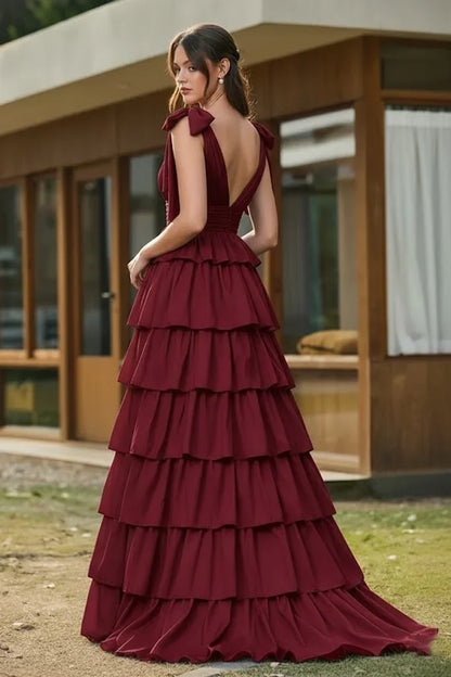 Bow Strap Tiered Ruffle A-Line Prom Dress | Sevoba