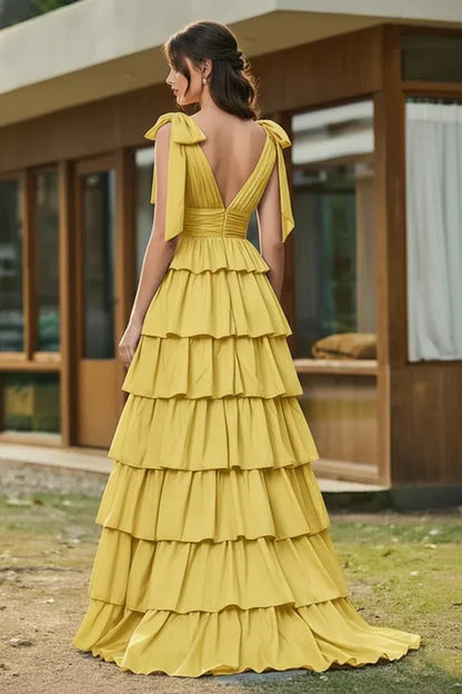 Bow Strap Tiered Ruffle A-Line Prom Dress | Sevoba