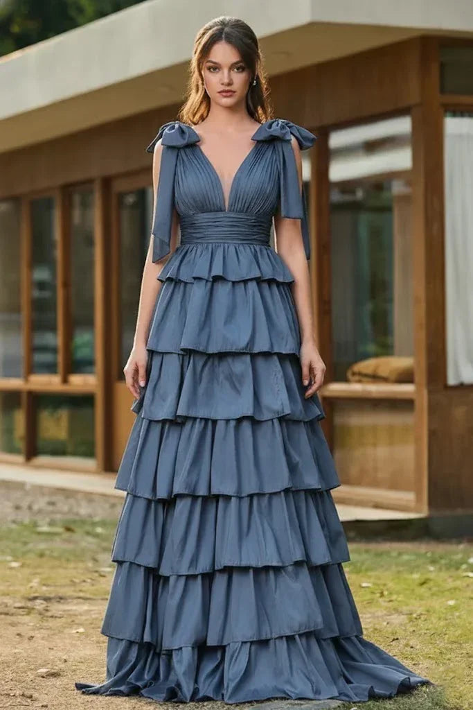 Bow Strap Tiered Ruffle A-Line Prom Dress | Sevoba