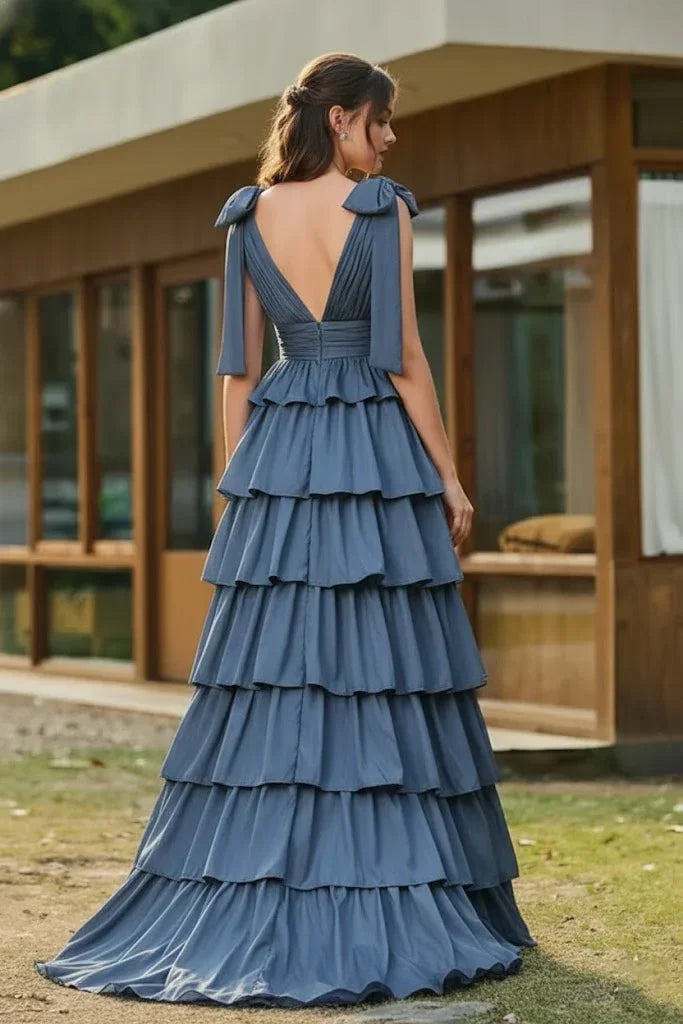 Bow Strap Tiered Ruffle A-Line Prom Dress | Sevoba