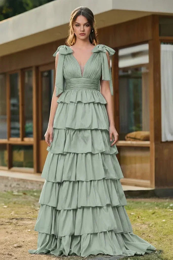Bow Strap Tiered Ruffle A-Line Prom Dress | Sevoba