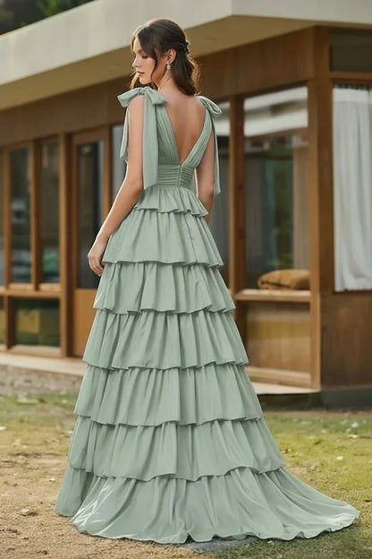 Bow Strap Tiered Ruffle A-Line Prom Dress | Sevoba