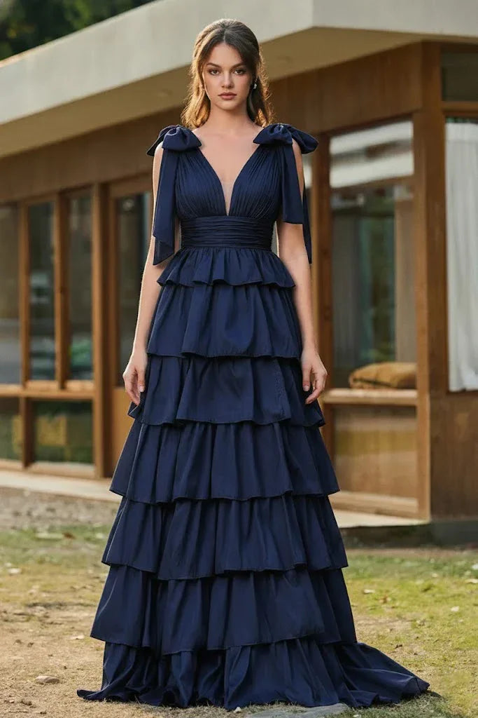 Bow Strap Tiered Ruffle A-Line Prom Dress | Sevoba