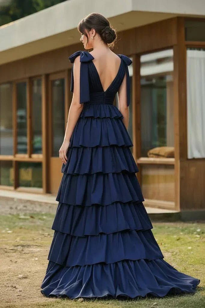 Bow Strap Tiered Ruffle A-Line Prom Dress | Sevoba