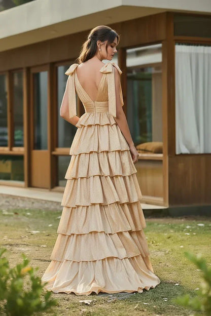 Bow Strap Tiered Ruffle A-Line Prom Dress | Sevoba