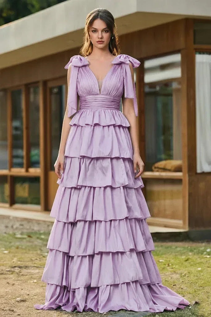 Bow Strap Tiered Ruffle A-Line Prom Dress | Sevoba