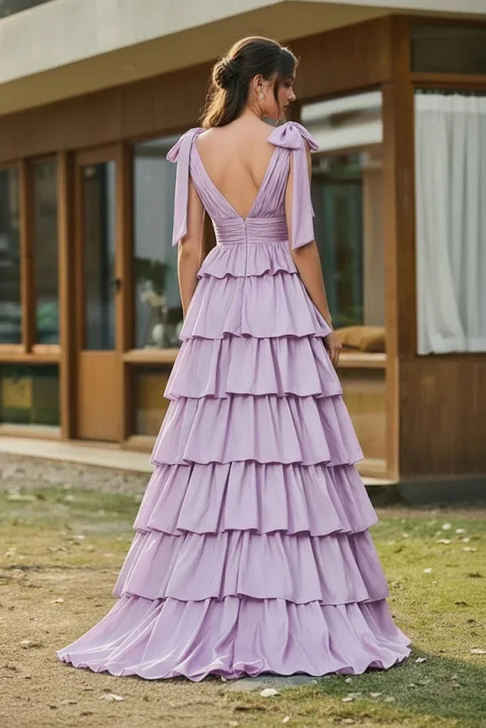 Bow Strap Tiered Ruffle A-Line Prom Dress | Sevoba