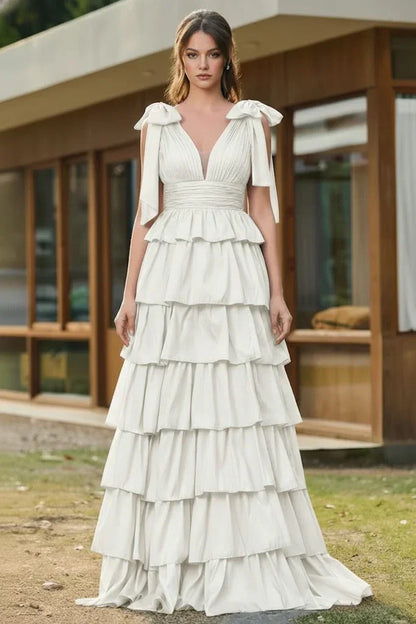 Bow Strap Tiered Ruffle A-Line Prom Dress | Sevoba