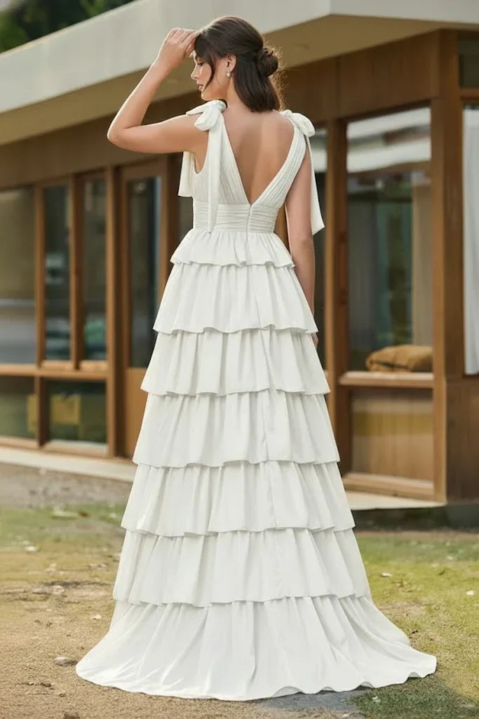 Bow Strap Tiered Ruffle A-Line Prom Dress | Sevoba