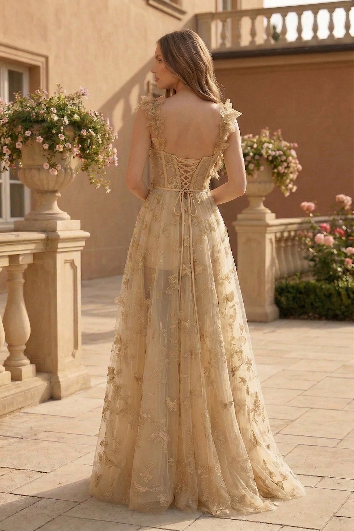 Butterfly Applique Corset A-Line Prom Dress with Lace-Up Back | Sevoba