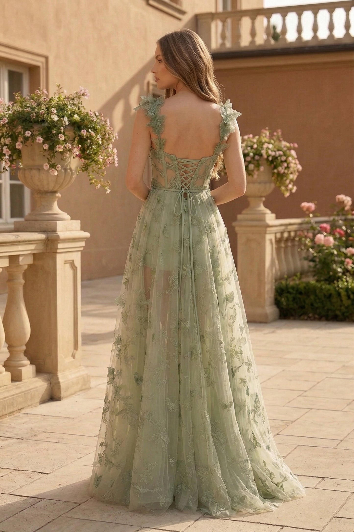 Butterfly Applique Corset A-Line Prom Dress with Lace-Up Back | Sevoba
