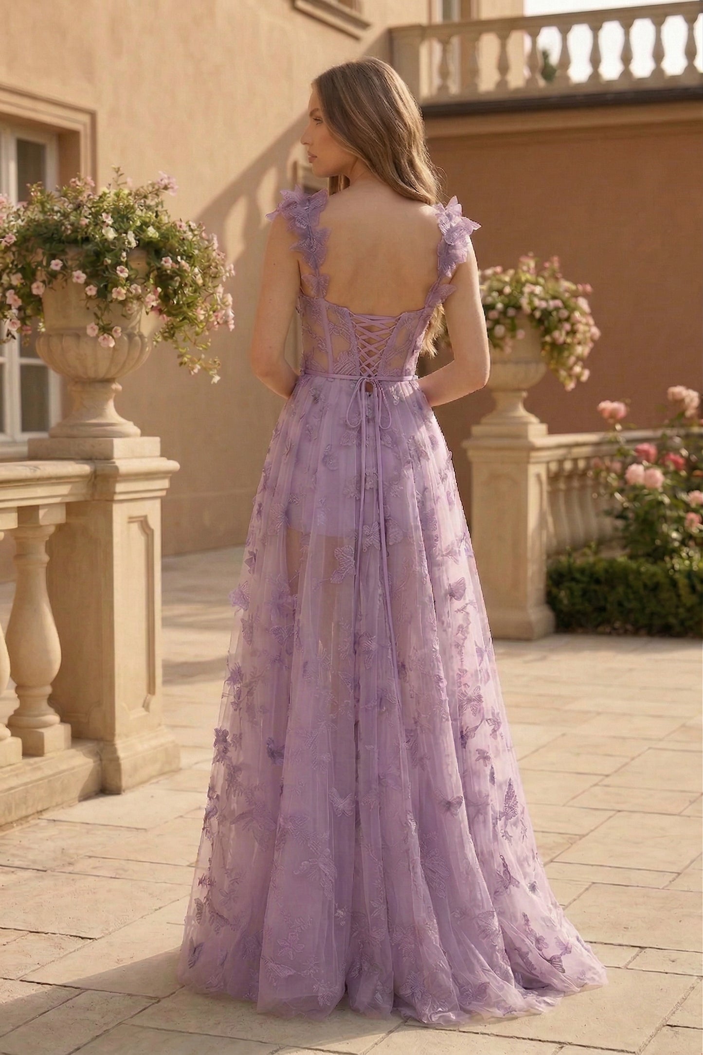 Butterfly Applique Corset A-Line Prom Dress with Lace-Up Back | Sevoba