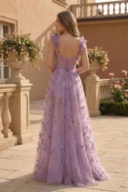 Butterfly Applique Corset A-Line Prom Dress with Lace-Up Back | Sevoba