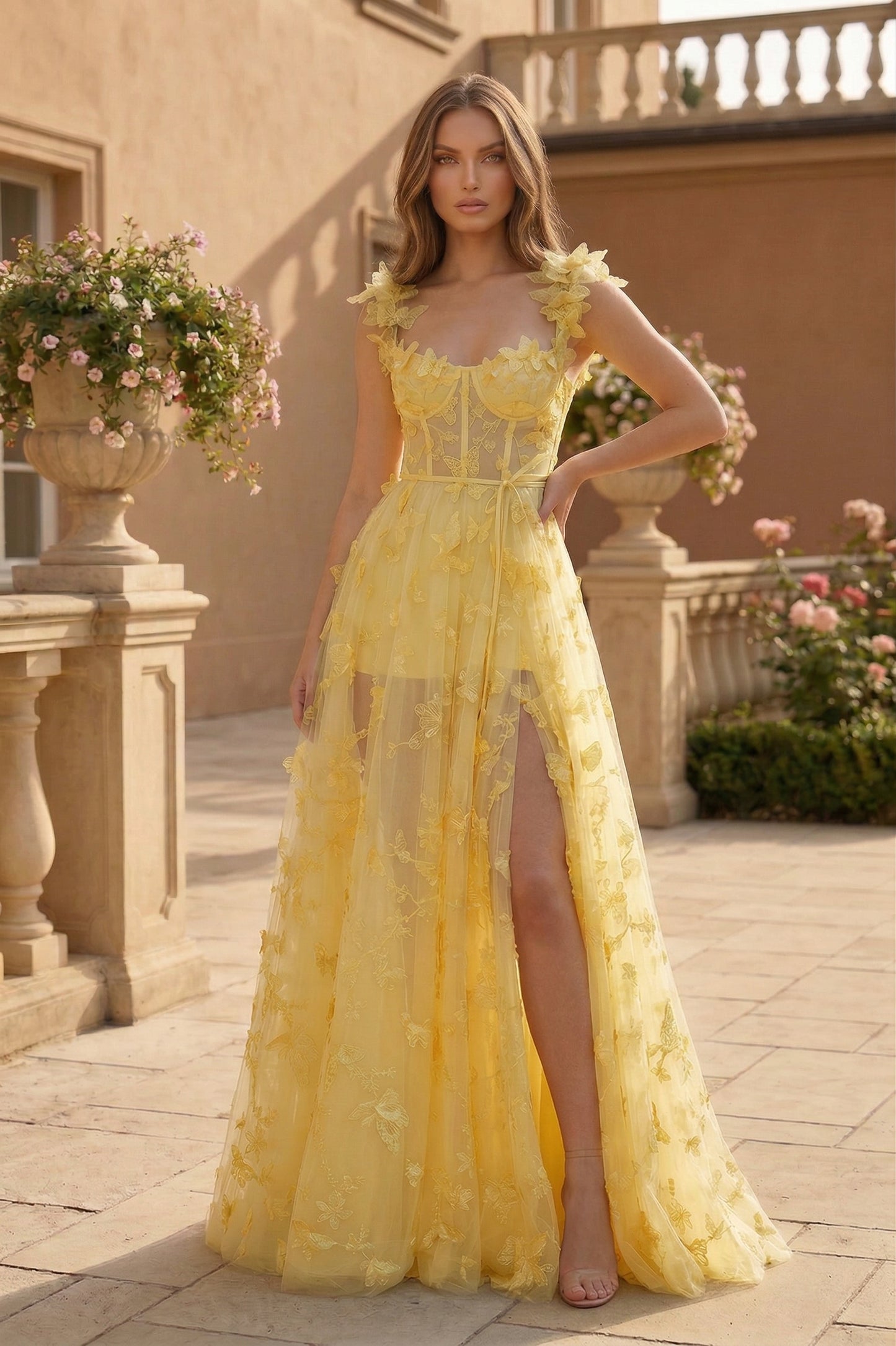 Butterfly Applique Corset A-Line Prom Dress with Lace-Up Back | Sevoba