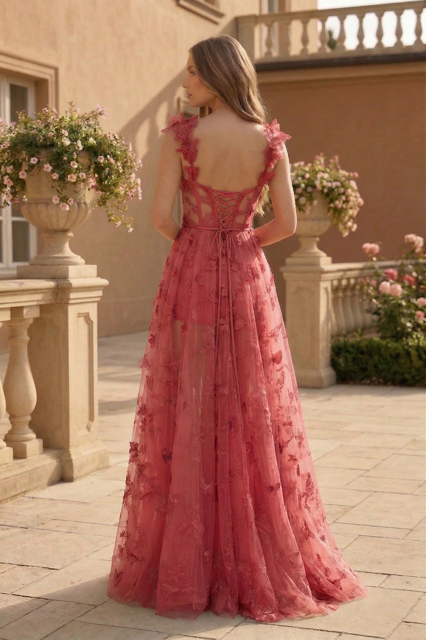 Butterfly Applique Corset A-Line Prom Dress with Lace-Up Back | Sevoba