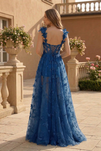 Butterfly Applique Corset A-Line Prom Dress with Lace-Up Back | Sevoba