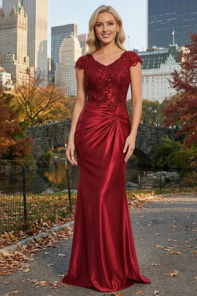 Cap Sleeve Beaded Lace Satin Mermaid Prom Dress with Twist Waist | Sevoba