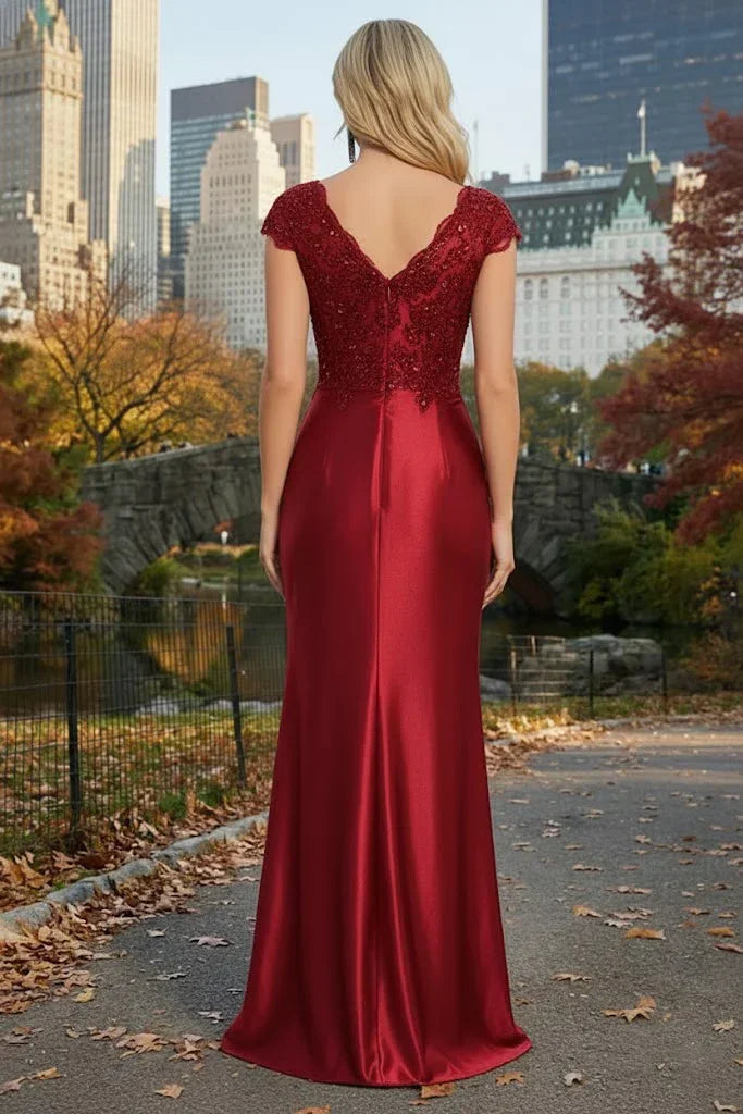 Cap Sleeve Beaded Lace Satin Mermaid Prom Dress with Twist Waist | Sevoba