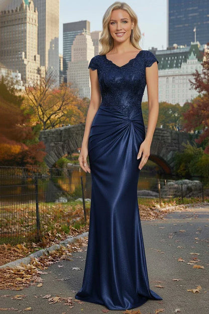 Cap Sleeve Beaded Lace Satin Mermaid Prom Dress with Twist Waist | Sevoba