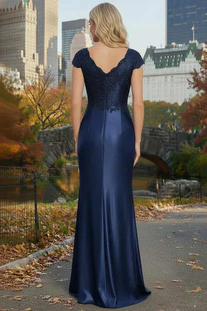 Cap Sleeve Beaded Lace Satin Mermaid Prom Dress with Twist Waist | Sevoba
