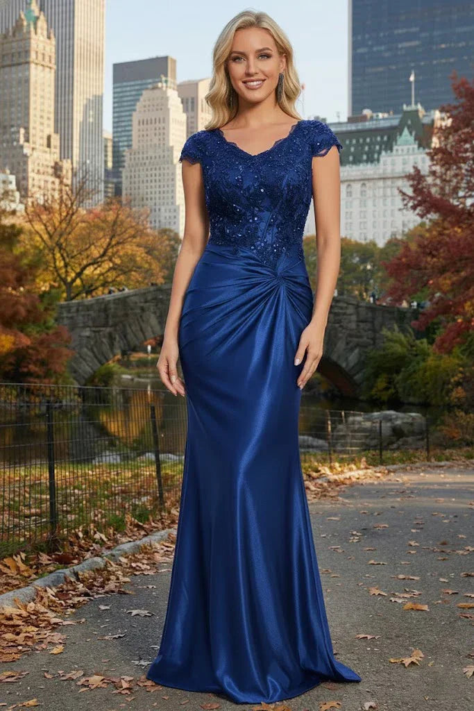 Cap Sleeve Beaded Lace Satin Mermaid Prom Dress with Twist Waist | Sevoba