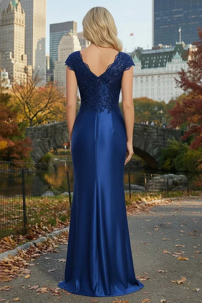 Cap Sleeve Beaded Lace Satin Mermaid Prom Dress with Twist Waist | Sevoba