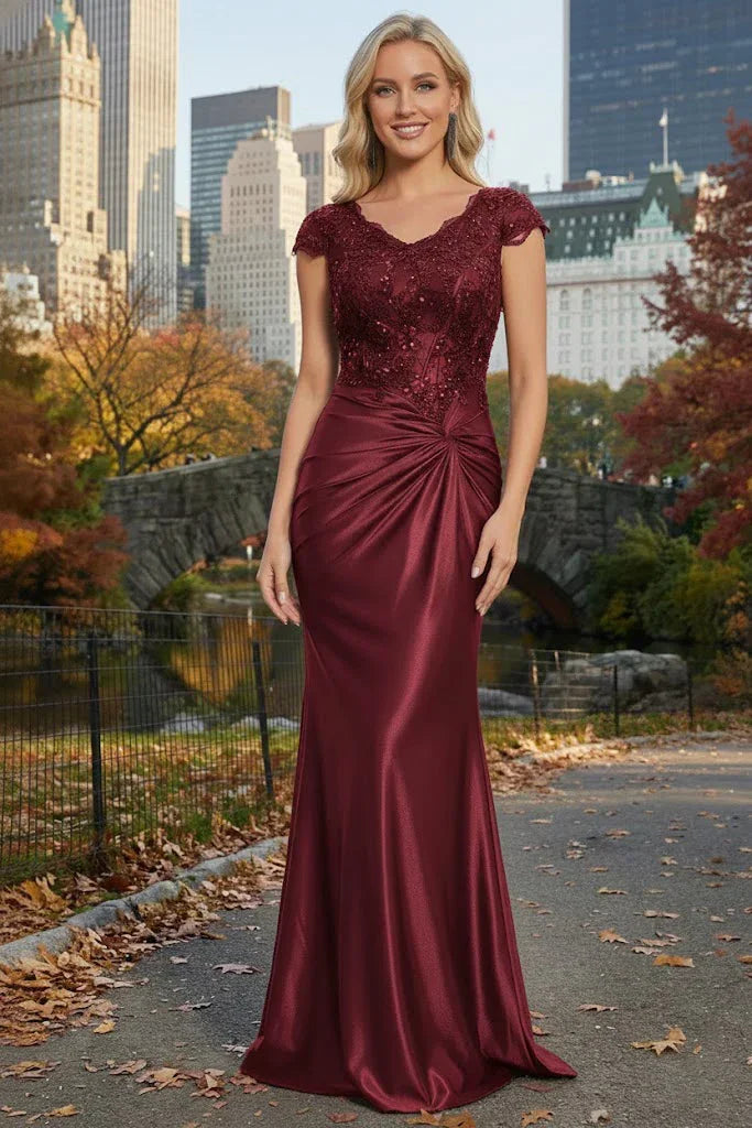 Cap Sleeve Beaded Lace Satin Mermaid Prom Dress with Twist Waist | Sevoba