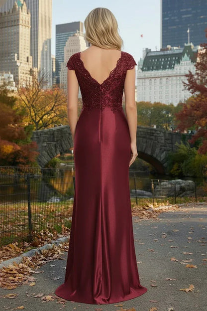 Cap Sleeve Beaded Lace Satin Mermaid Prom Dress with Twist Waist | Sevoba