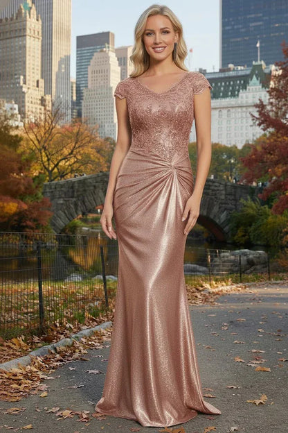 Cap Sleeve Beaded Lace Satin Mermaid Prom Dress with Twist Waist | Sevoba
