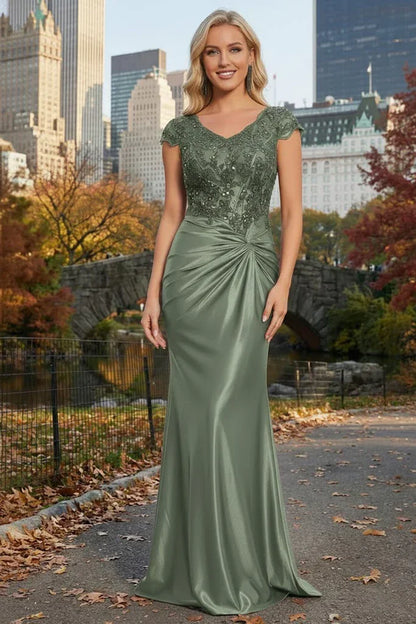 Cap Sleeve Beaded Lace Satin Mermaid Prom Dress with Twist Waist | Sevoba