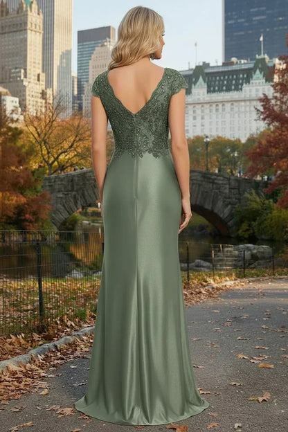 Cap Sleeve Beaded Lace Satin Mermaid Prom Dress with Twist Waist | Sevoba