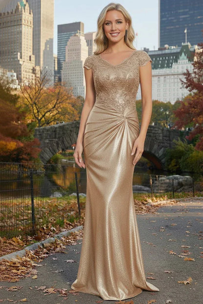Cap Sleeve Beaded Lace Satin Mermaid Prom Dress with Twist Waist | Sevoba