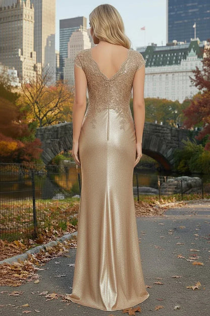 Cap Sleeve Beaded Lace Satin Mermaid Prom Dress with Twist Waist | Sevoba