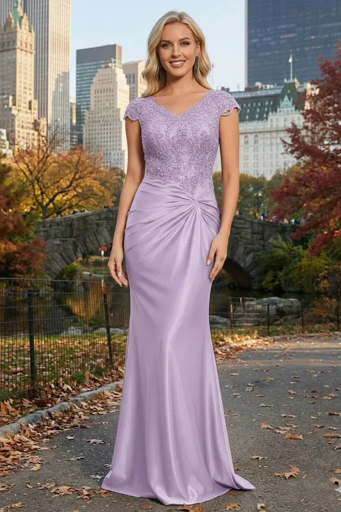 Cap Sleeve Beaded Lace Satin Mermaid Prom Dress with Twist Waist | Sevoba