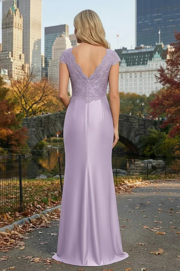 Cap Sleeve Beaded Lace Satin Mermaid Prom Dress with Twist Waist | Sevoba