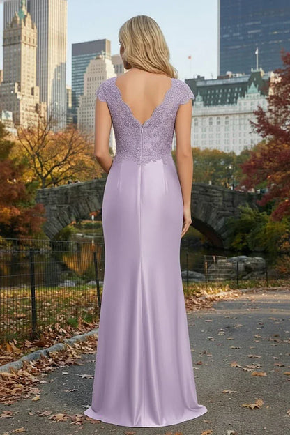 Cap Sleeve Beaded Lace Satin Mermaid Prom Dress with Twist Waist | Sevoba