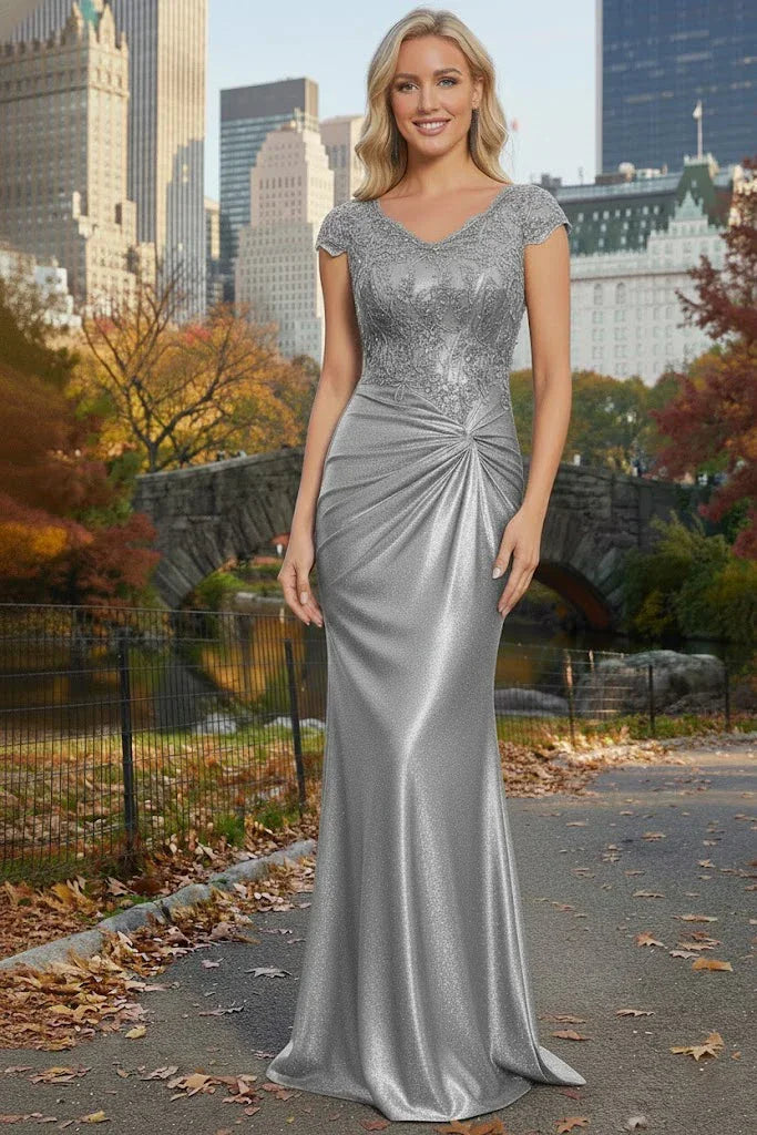 Cap Sleeve Beaded Lace Satin Mermaid Prom Dress with Twist Waist | Sevoba
