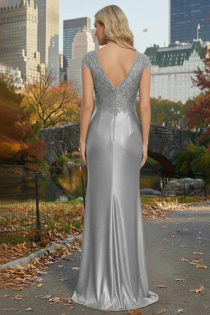 Cap Sleeve Beaded Lace Satin Mermaid Prom Dress with Twist Waist | Sevoba