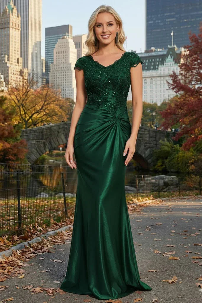 Cap Sleeve Beaded Lace Satin Mermaid Prom Dress with Twist Waist | Sevoba